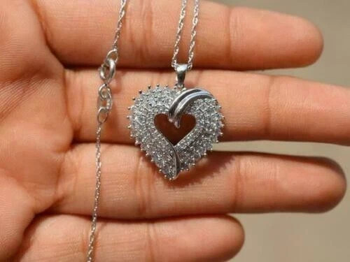 1.50Ct Round Cut Lab Created Moissanite Heart Love Pendant 14K White Gold Plated
