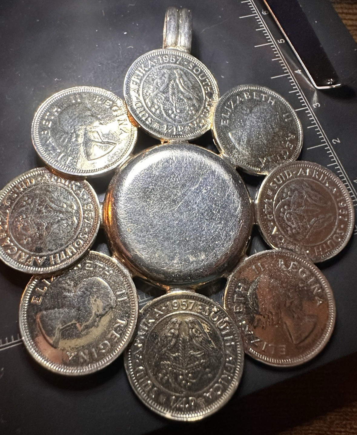 Vintage Silver Coin Cluster Pendant – South Africa 1957 50% Silver Coins -33.87g