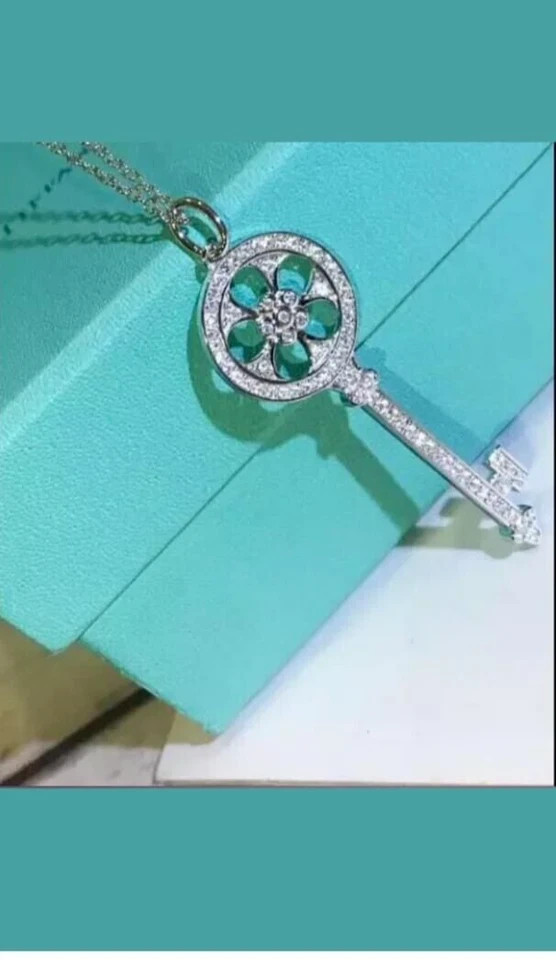 1Ct Lab Created Diamond Round Key Pendant 14K White Gold Plated Free Chain 18”
