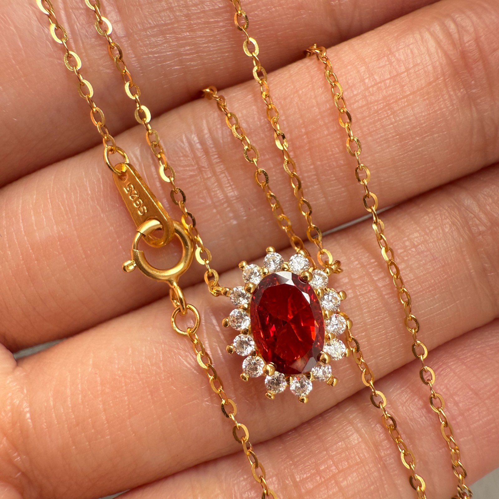925 Sterling Silver Necklace 7x5mm Natural Garnet Zircon Handmade Flower Chain