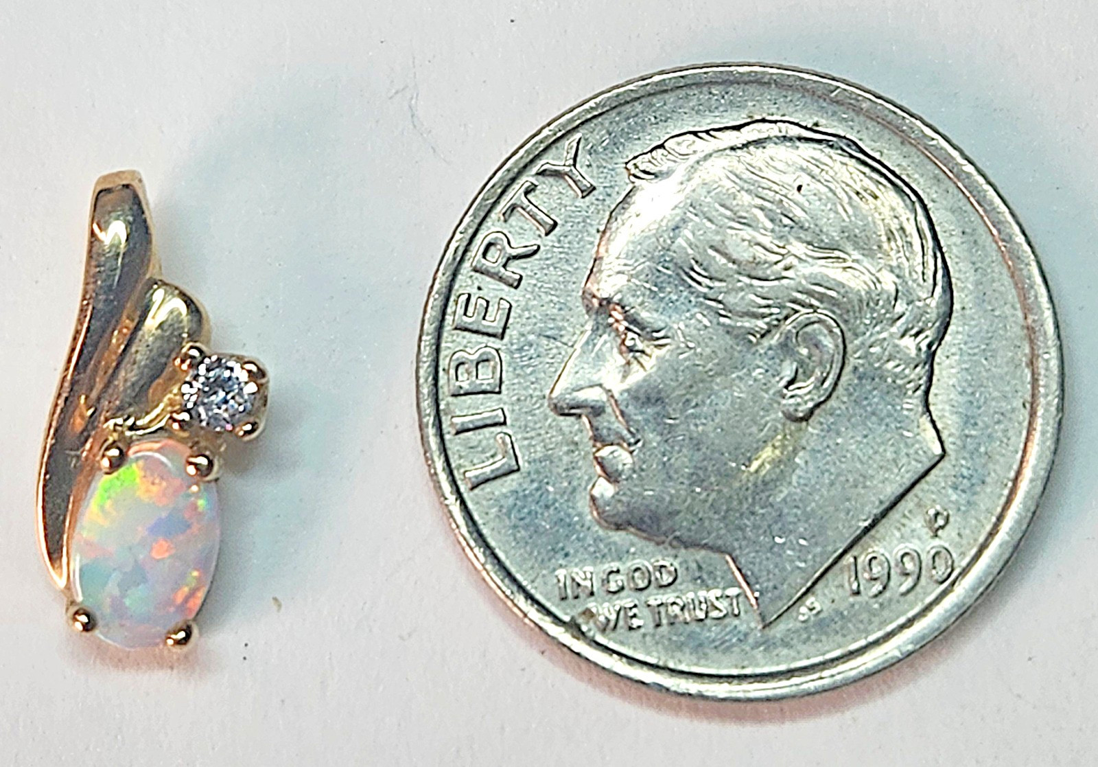 Petite 10k Yellow Gold Oval White Opal Pendant in Prong Setting Charm Pendant