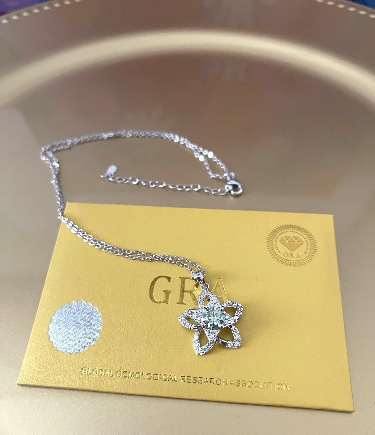 GRA Moissanite 1 CT Floral Pinwheel Turquoise Pendant Necklace NEW