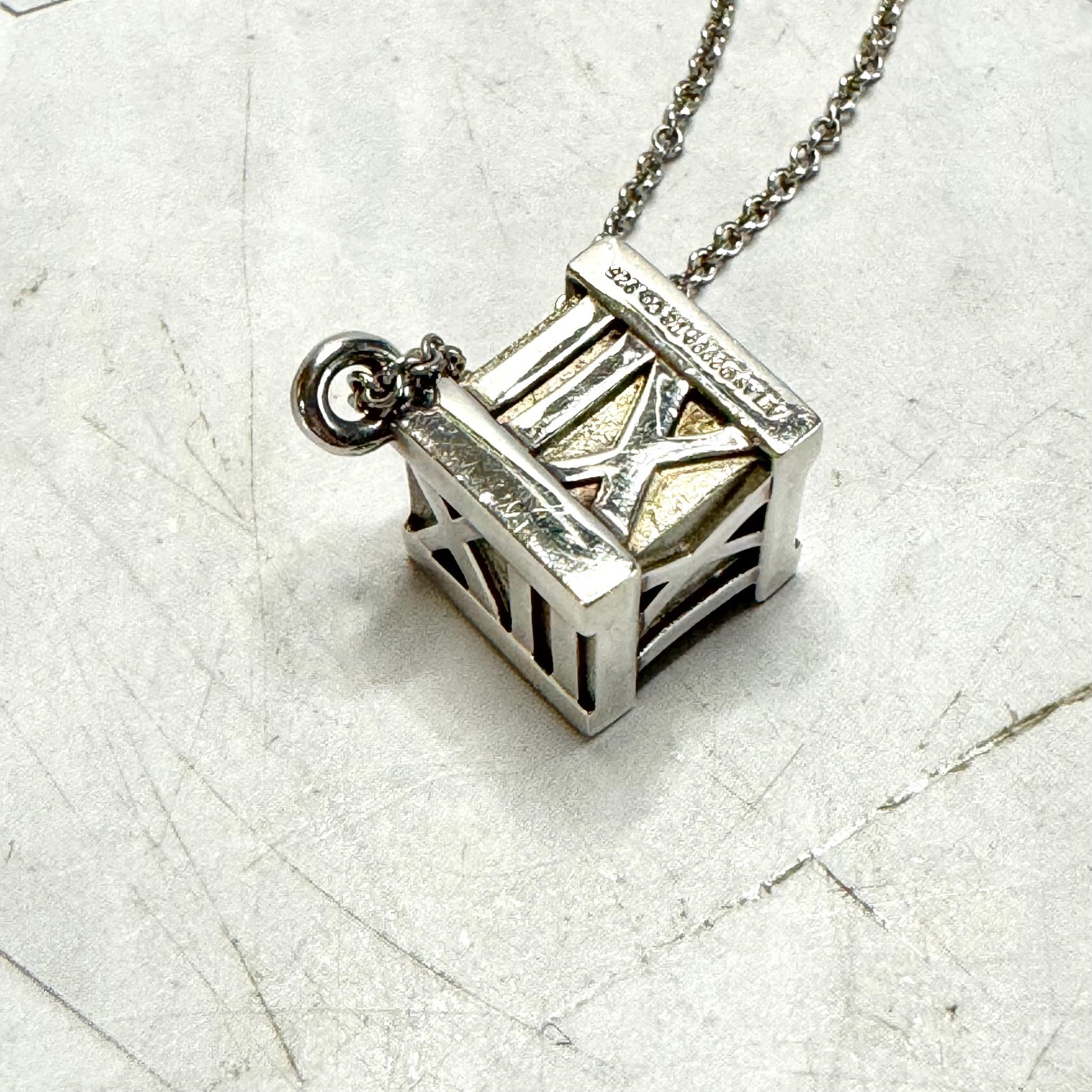 Tiffany & Co Atlas Cube Necklace Italy Sterling Silver Pendant Pouch 20g Rare