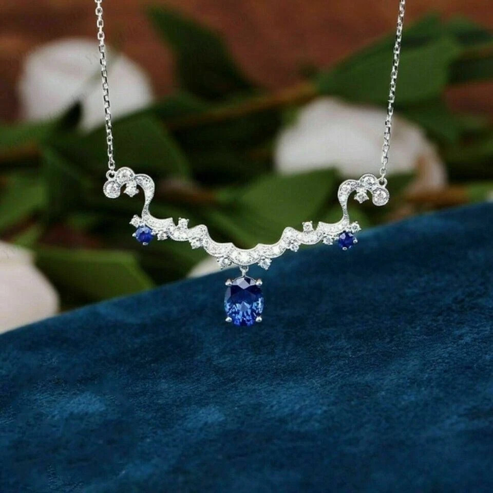 3Ct Oval Cut Sapphire/Diamond Tanmania Necklace 14K White Gold Finish Free Chain