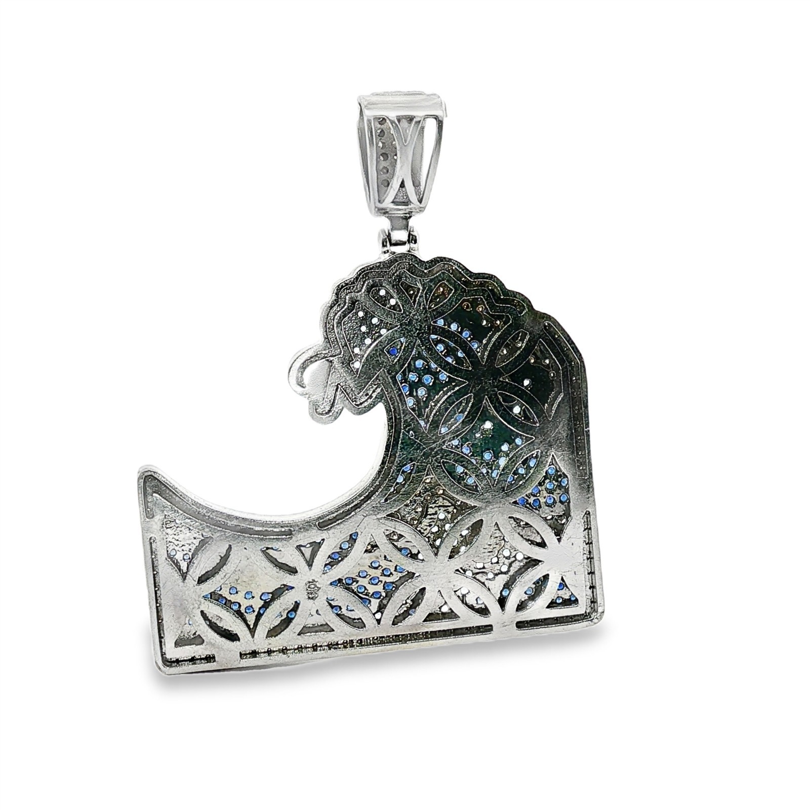 Vintage Diamond, Sapphire, Topaz Wave Pendant in 10k White Gold 2.25″ 3.23cttw