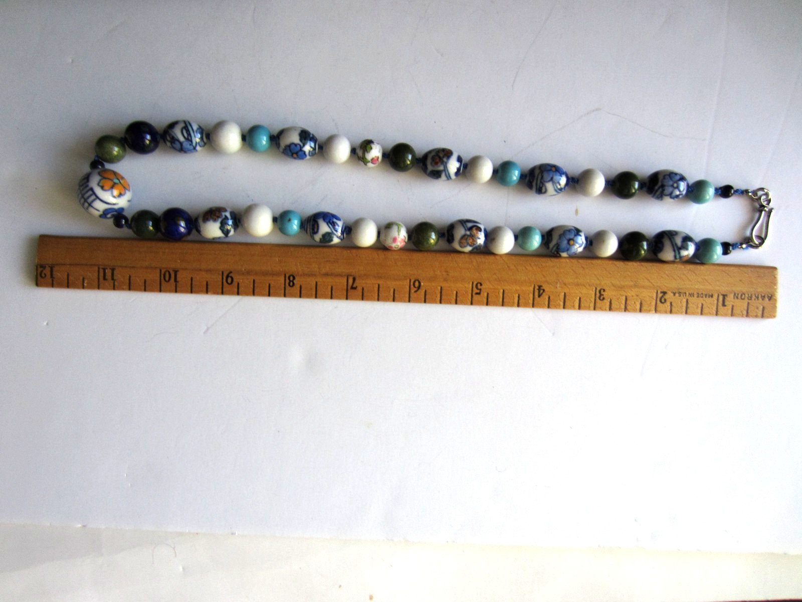 Mixed Porcelain Beaded Necklace Knotted Sterling Clasp 23.5″