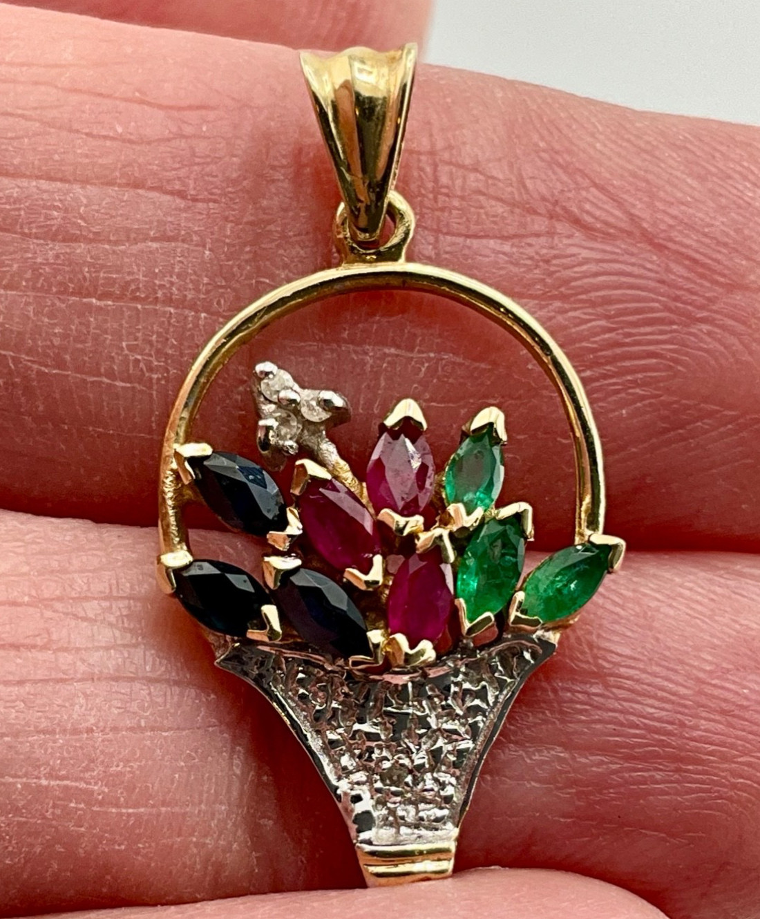 Vintage Minimalist 10k Gold Flower Basket Pendant Ruby Emerald Sapphire Diamond