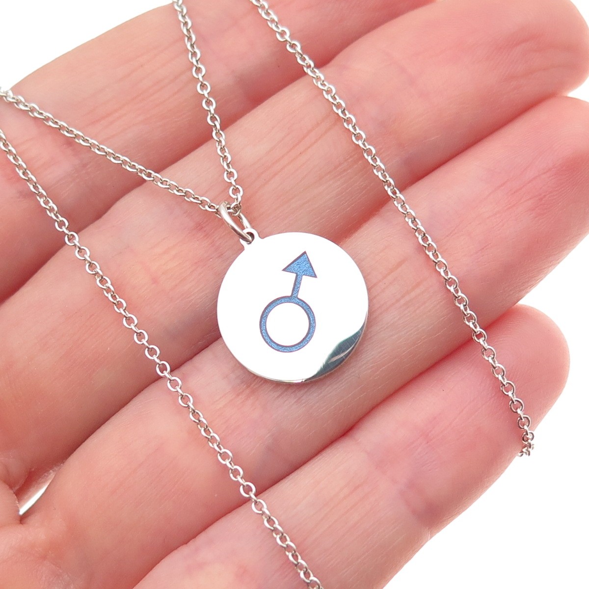 925 Sterling Silver Blue Enamel Male Symbol Round Tag Cable Chain Necklace 18″