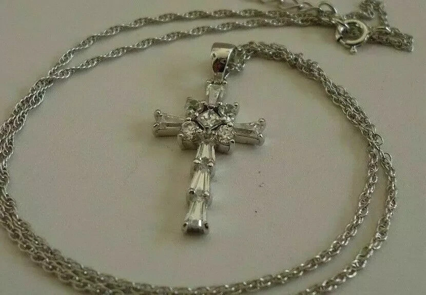 1.30Ct Baguette Cut Diamond Cross Pendant 14K White Gold Finish With 18″Chain