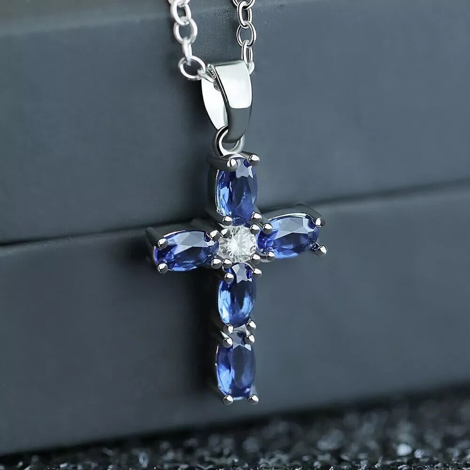 1.50 Ct Lab Created Blue Sapphire Oval Cut Women’s Pendant 14K White Gold Finish