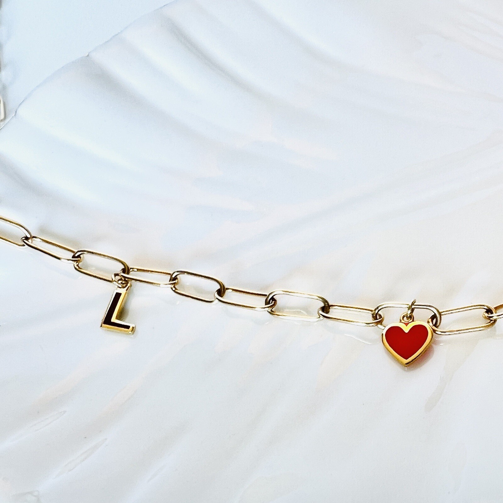 Solid 14k Yellow Gold Paper Clip Enameled “LOVE” Charm Necklace, 17″ New