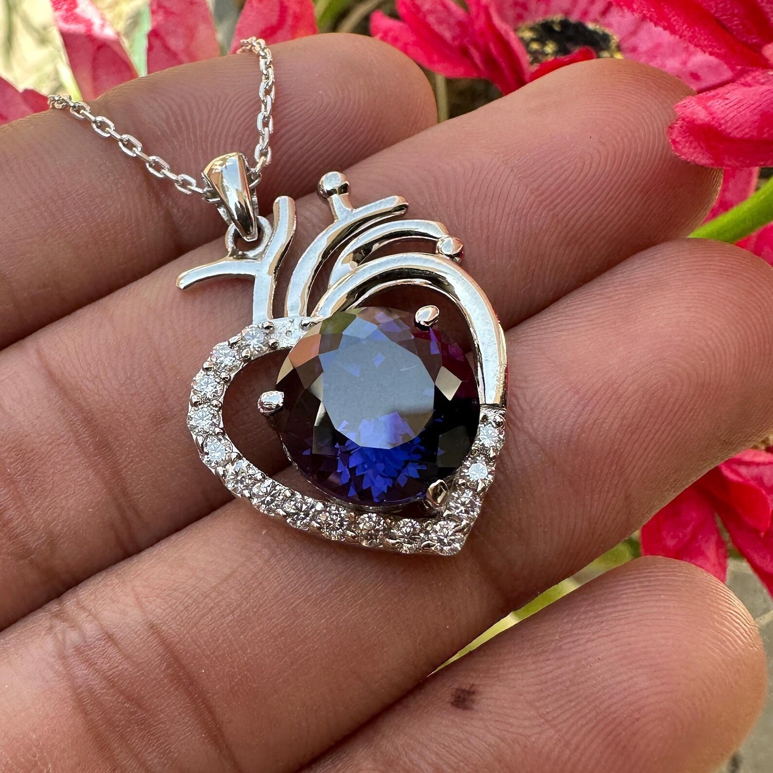 Certified Purple Sapphire 29 Ct Heart Pendant Necklace 925 Sterling Silver