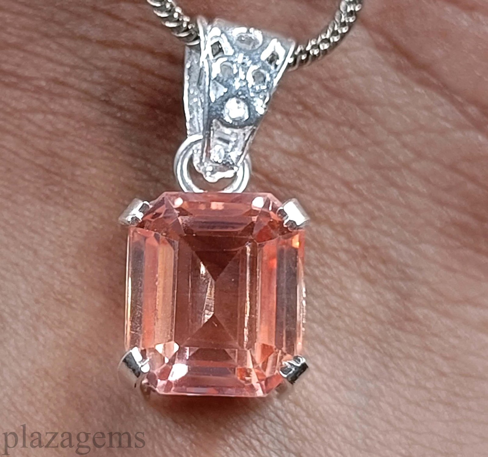 Natural Peach Sapphire 26.40 Ct Emerald Cut Pendant with 925 Silver Chain “5NSP