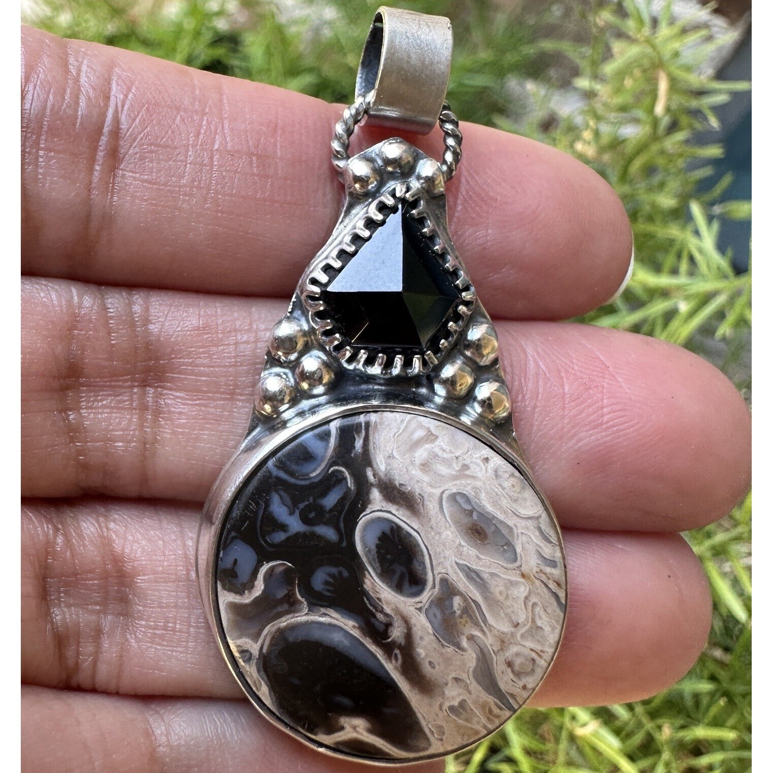 Cheri Rossman Pendant 1.75 Inch Petrified Palm Root Onyx 925 Sterling 11.2g USA