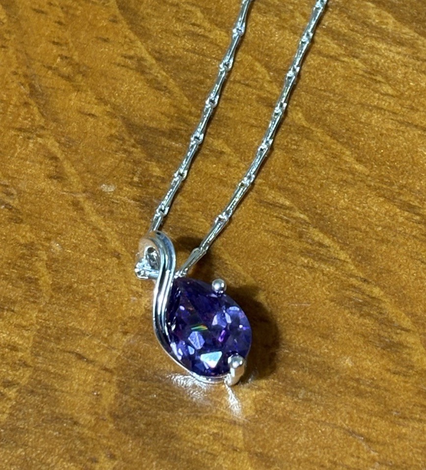 925 Sterling Silver Natural Amethyst Necklace Oval Pendant 18″ Bar Link
