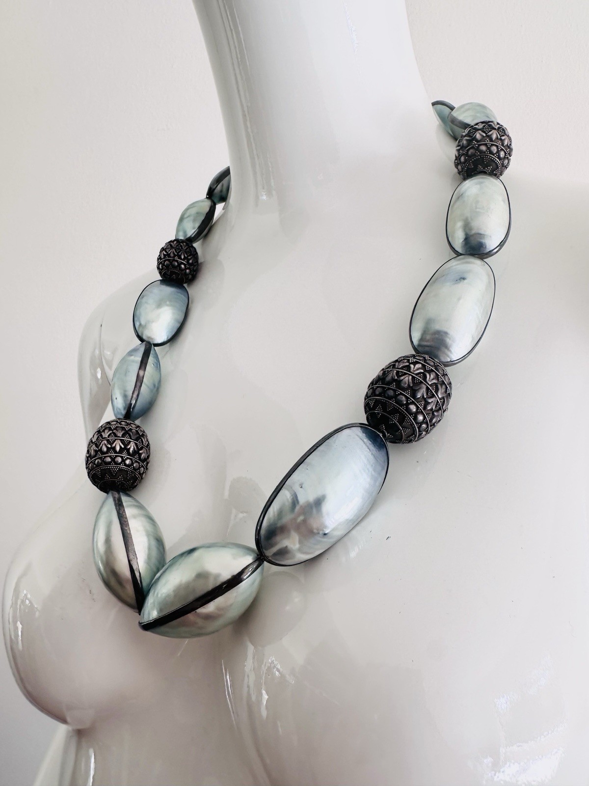Rare Nautilus Osmena Pearl Antique 925 Silver Necklace 70cm Blue-Gray Iridescent