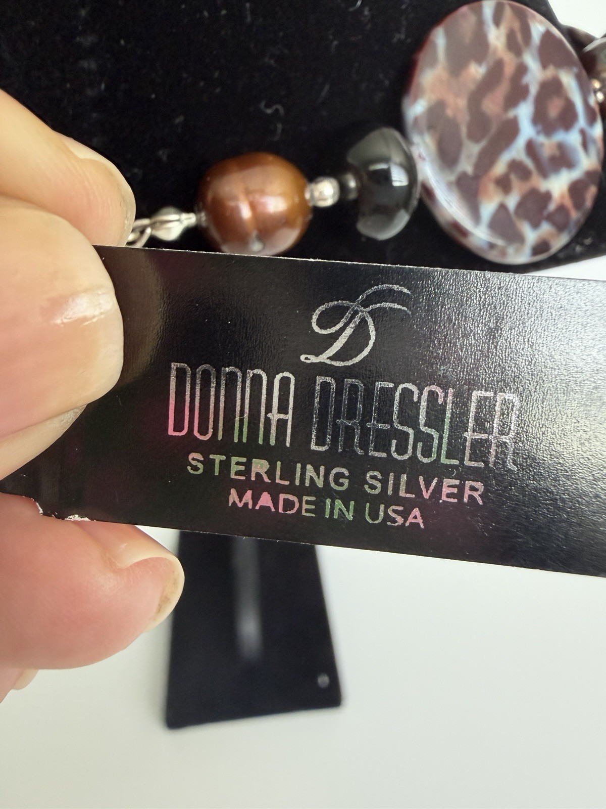 NWT Donna Dressler Leopard Print Agate Necklace 925 Genuine Onyx and Pearls!
