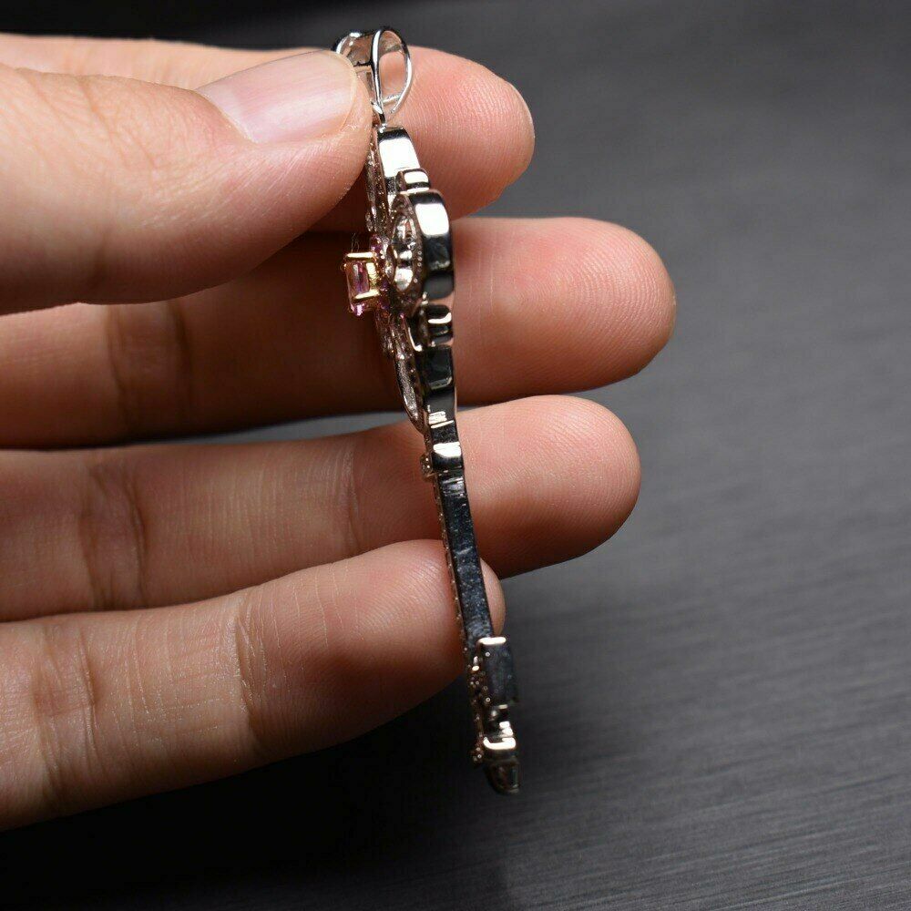 1Ct Round Cut Pink Sapphire Key Shape Pendant 14K White Gold Finish Free Chain