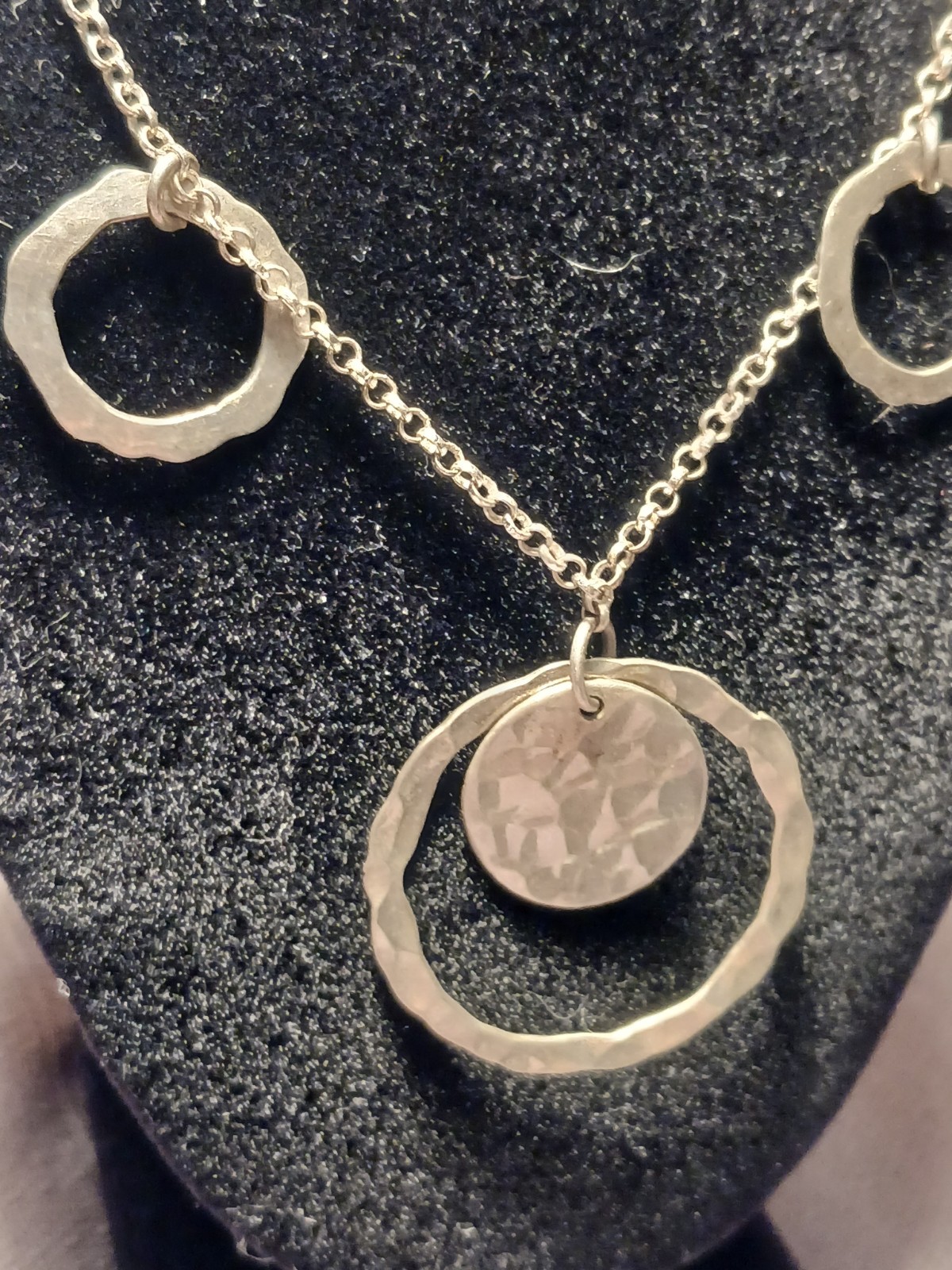 Sterling Silver Hammered Circle Charm Statement Necklace ~22in
