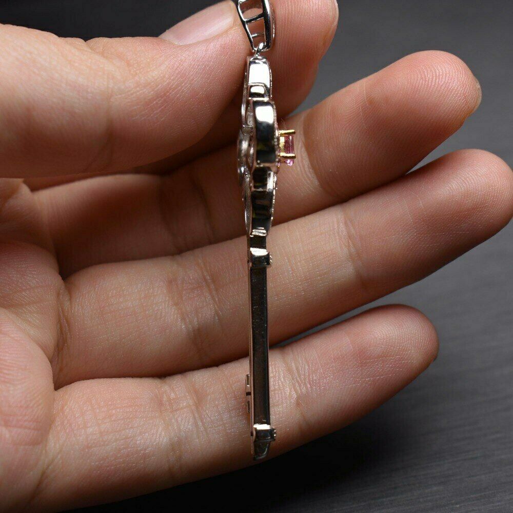1Ct Round Cut Pink Sapphire Key Shape Pendant 14K White Gold Finish Free Chain