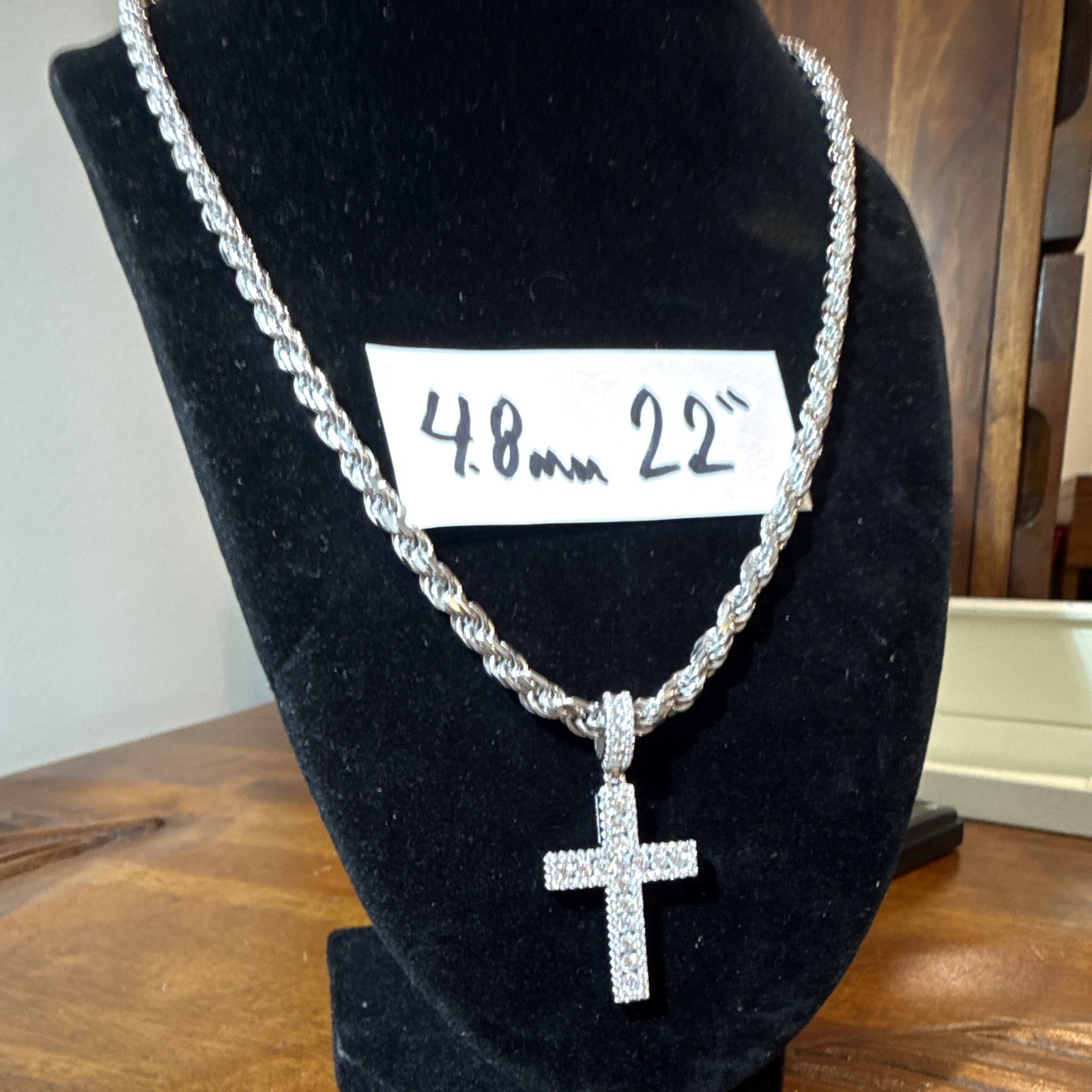 22” 4.8mm Rope Chain SOLID 925 Silver (46) w Moissanite Tennis Cross (5CTW)