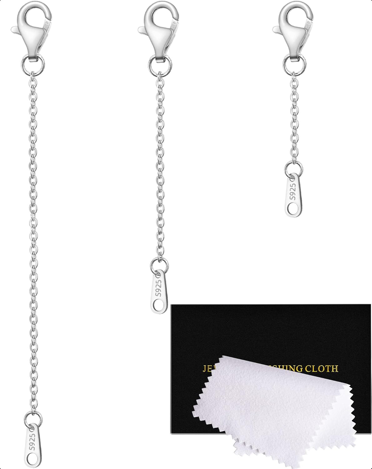 Sterling Silver Necklace Extenders for Women Silver Cha 3 Piece Set (1,2,3 Inch)