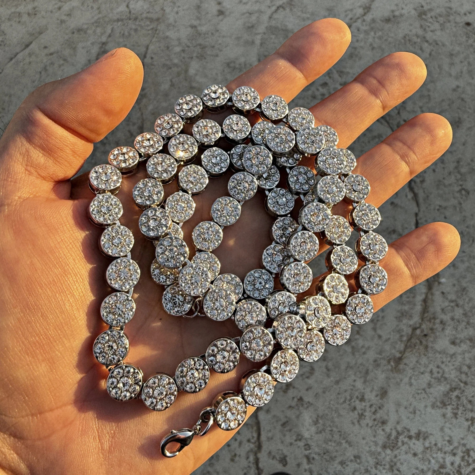 Men’s Flower Cluster Hip Hop Chain CZ Iced Bling Out One Row Silver Tone 36″