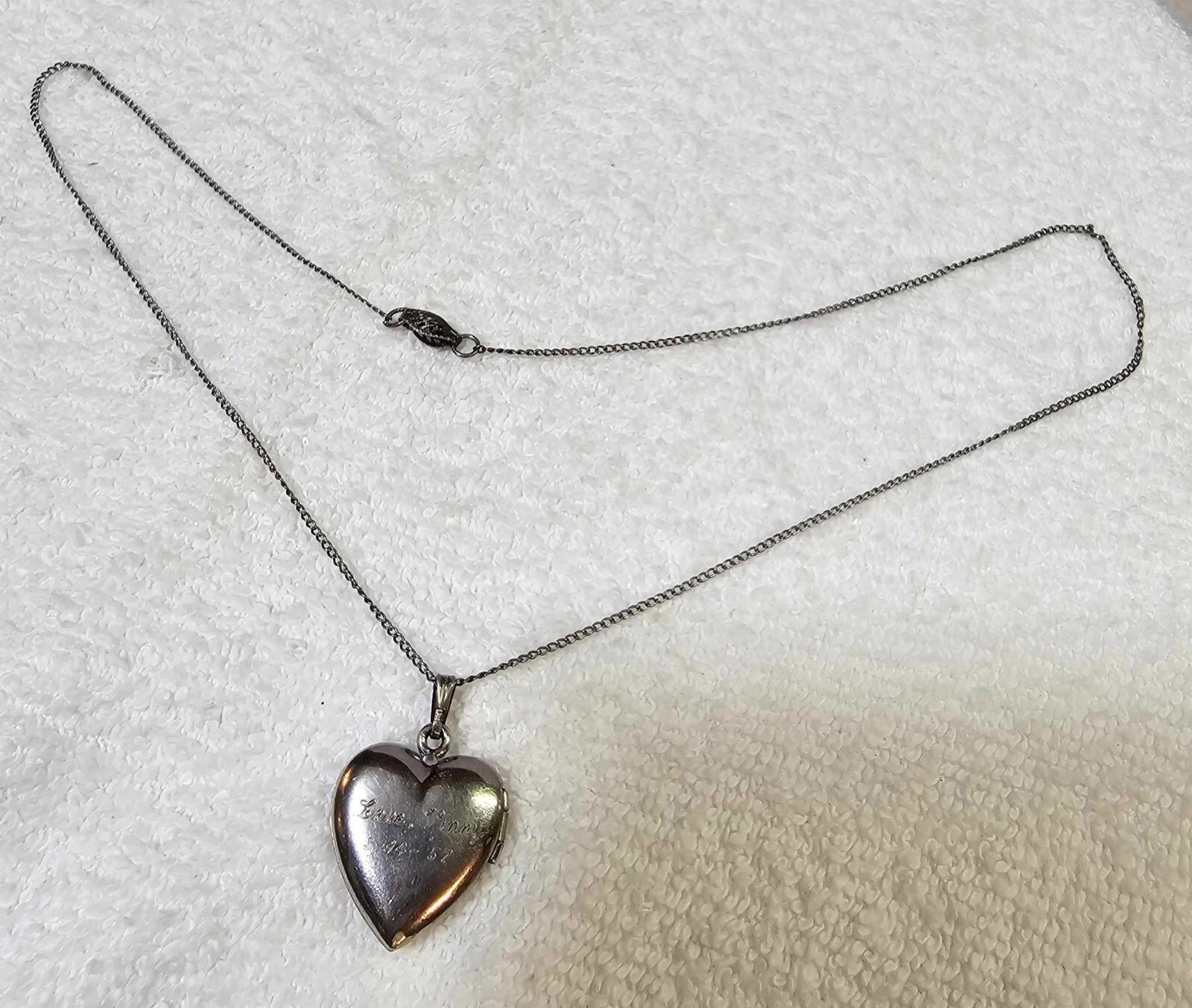 Sterling Heart Pendant Red Stone Etched “LOVE VINNY 3-14-57” w chain necklace