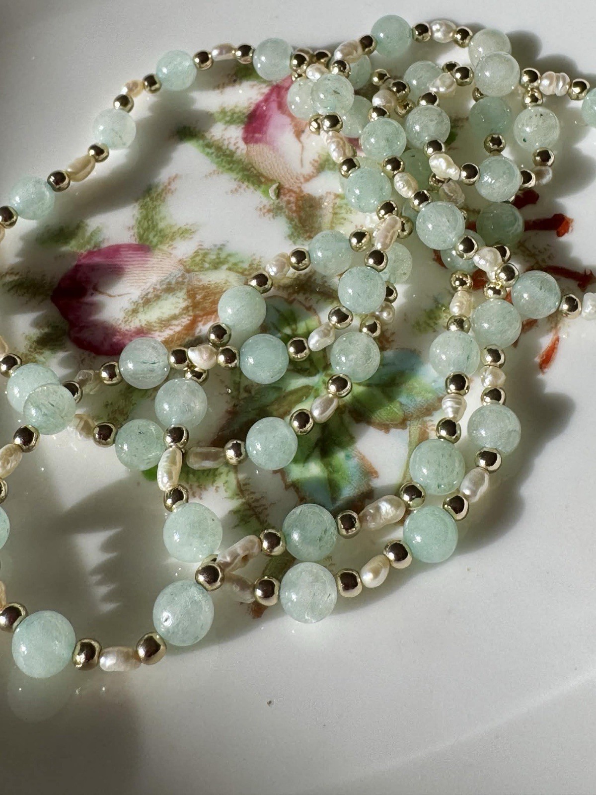 Vintage solid 10K Jade and Pearl 30” Infinity Necklace