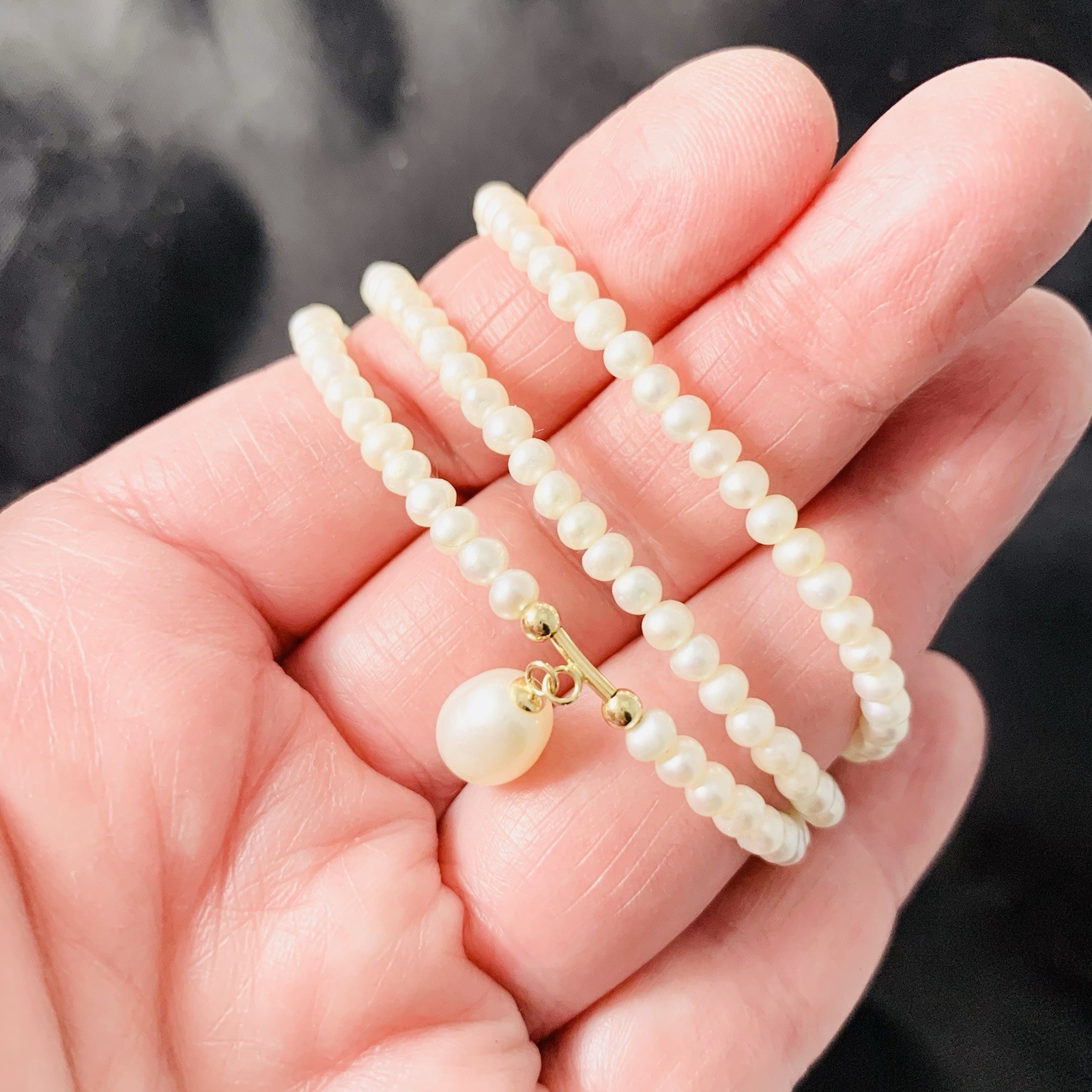 Pearl Necklace & Dangle 14k Yellow Gold 10.33gr FW White Pearl 4mm Dainty 19”