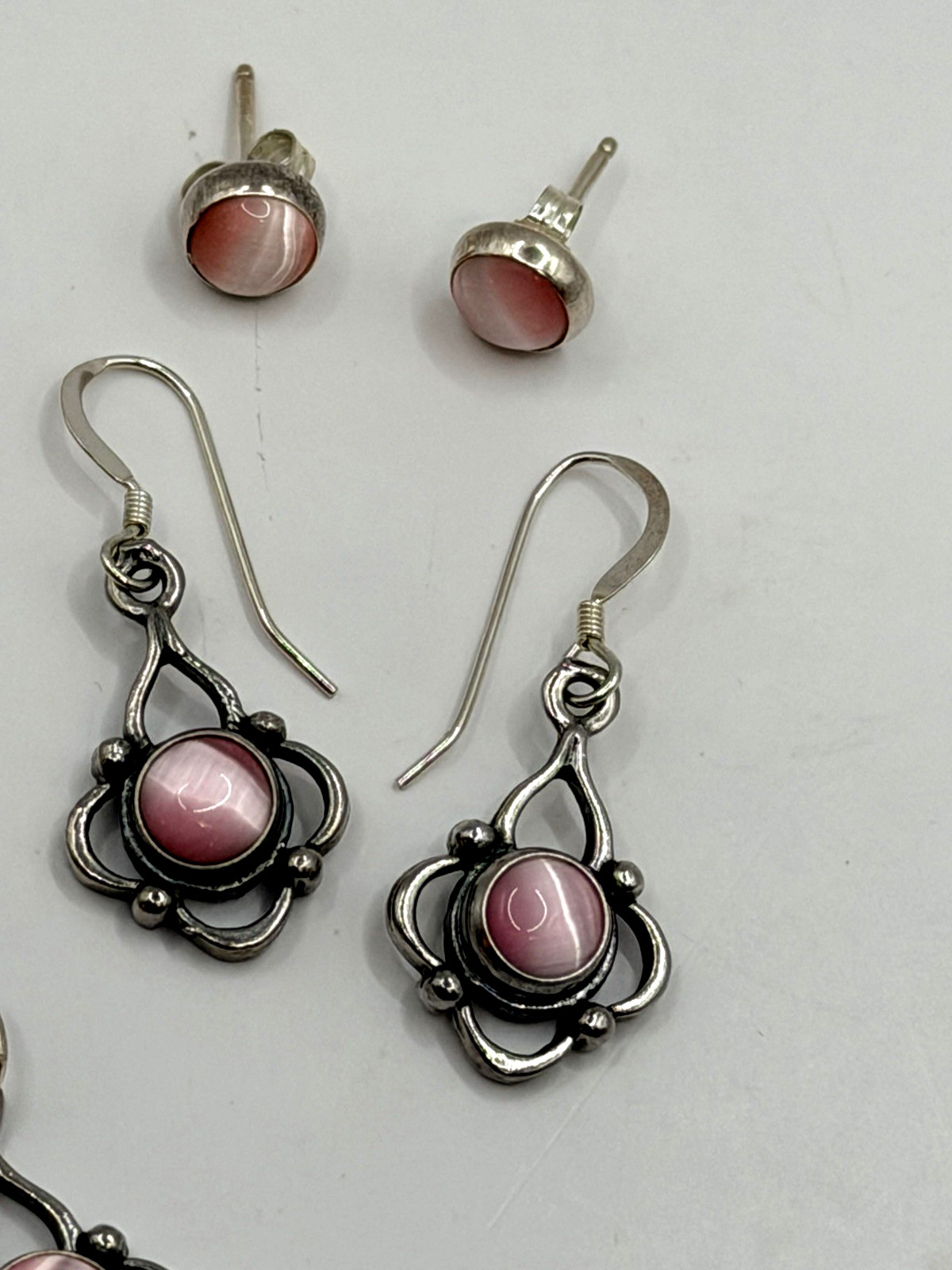 3 Pc Set Pink Cat Eye Necklace + Dangle + Stud Earrings Set 925 Sterling Silver