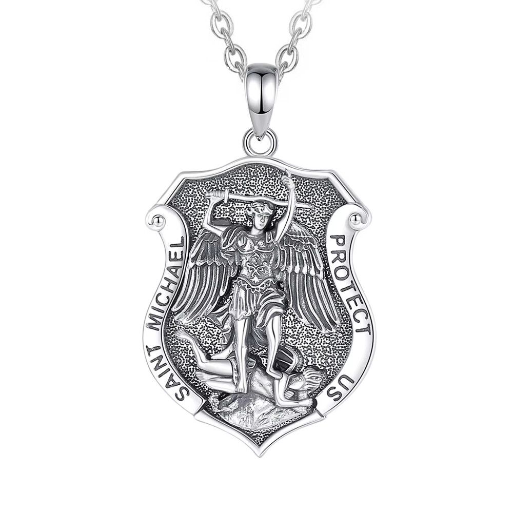 MLD 925 Sterling Silver Saint St Michael Shield Medal Pendant Necklace