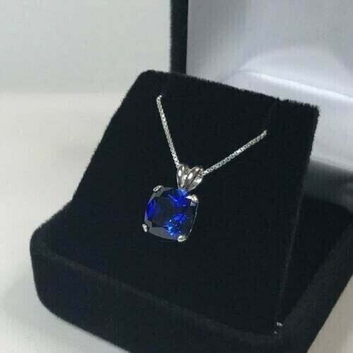 2Ct Cushion CutLab-Created Blue Sapphire Solitaire Pendant 14K White Gold Plated