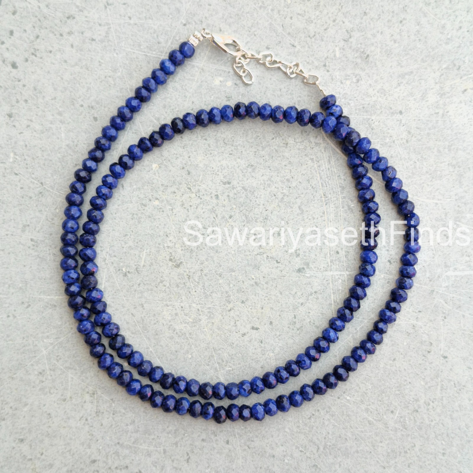 Lapis Lazuli 4mm Rondelle Beaded Necklace, Boho Sterling Silver Clasp, Statemen
