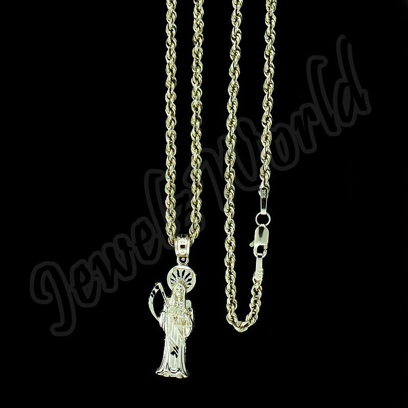 10K Yellow Gold Santa Muerte Grim Reaper Holy Death Pendant & 2.5mm Rope Chain