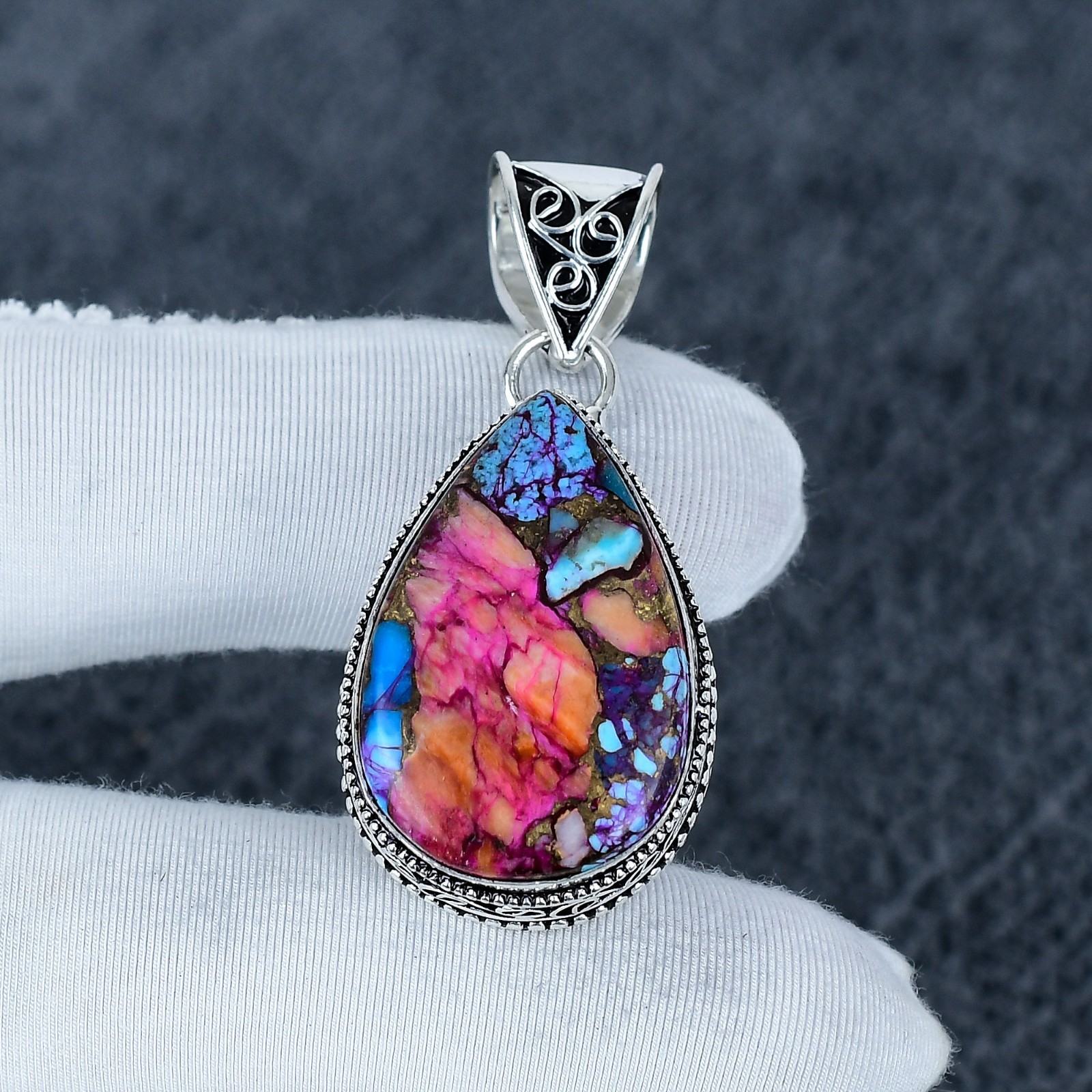 Kingman Pink Spiny Oyster Gemstone Pendant 925 Sterling Silver Handmade Jewelry