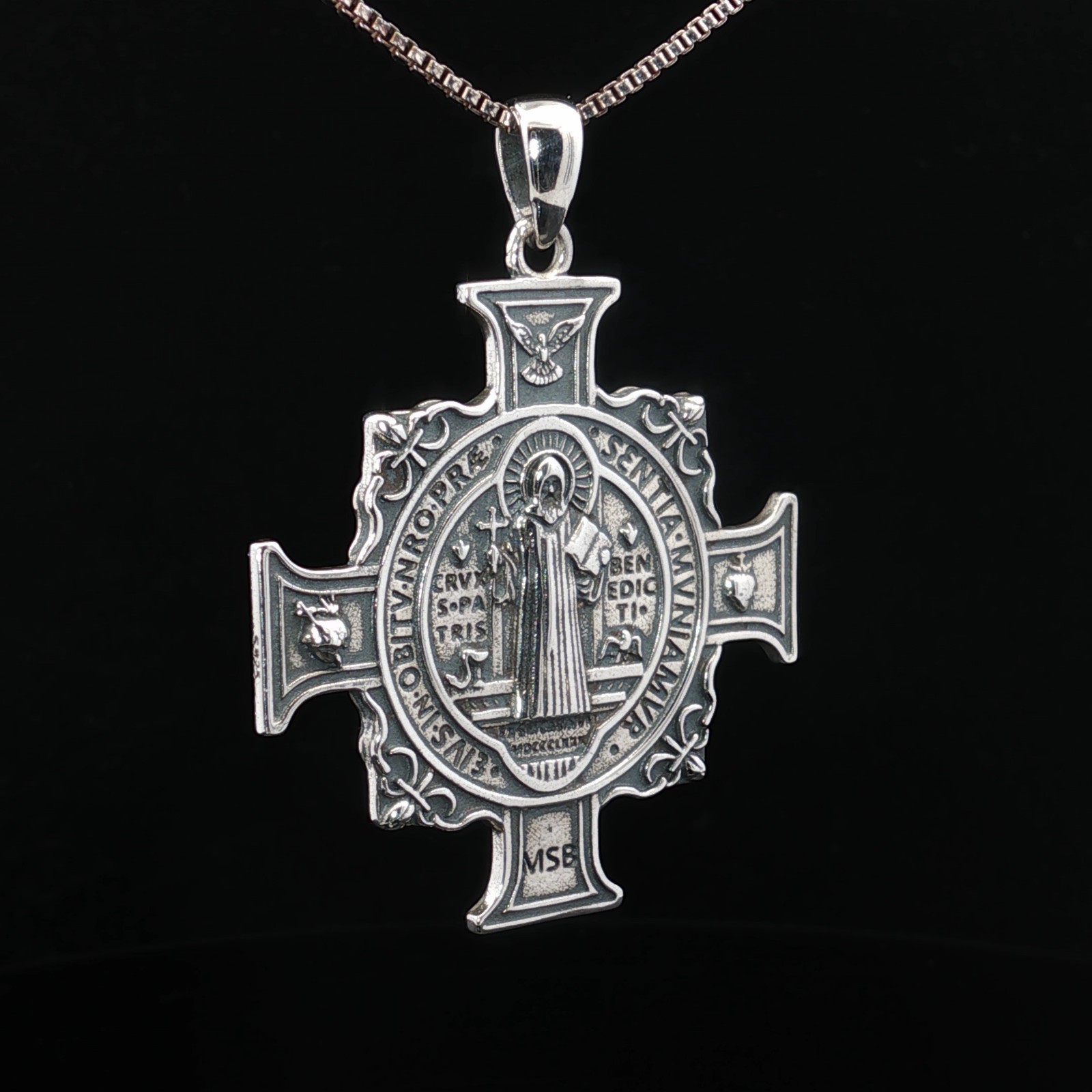 925 Sterling Silver Saint Benedict Two-Sided Cross Necklace