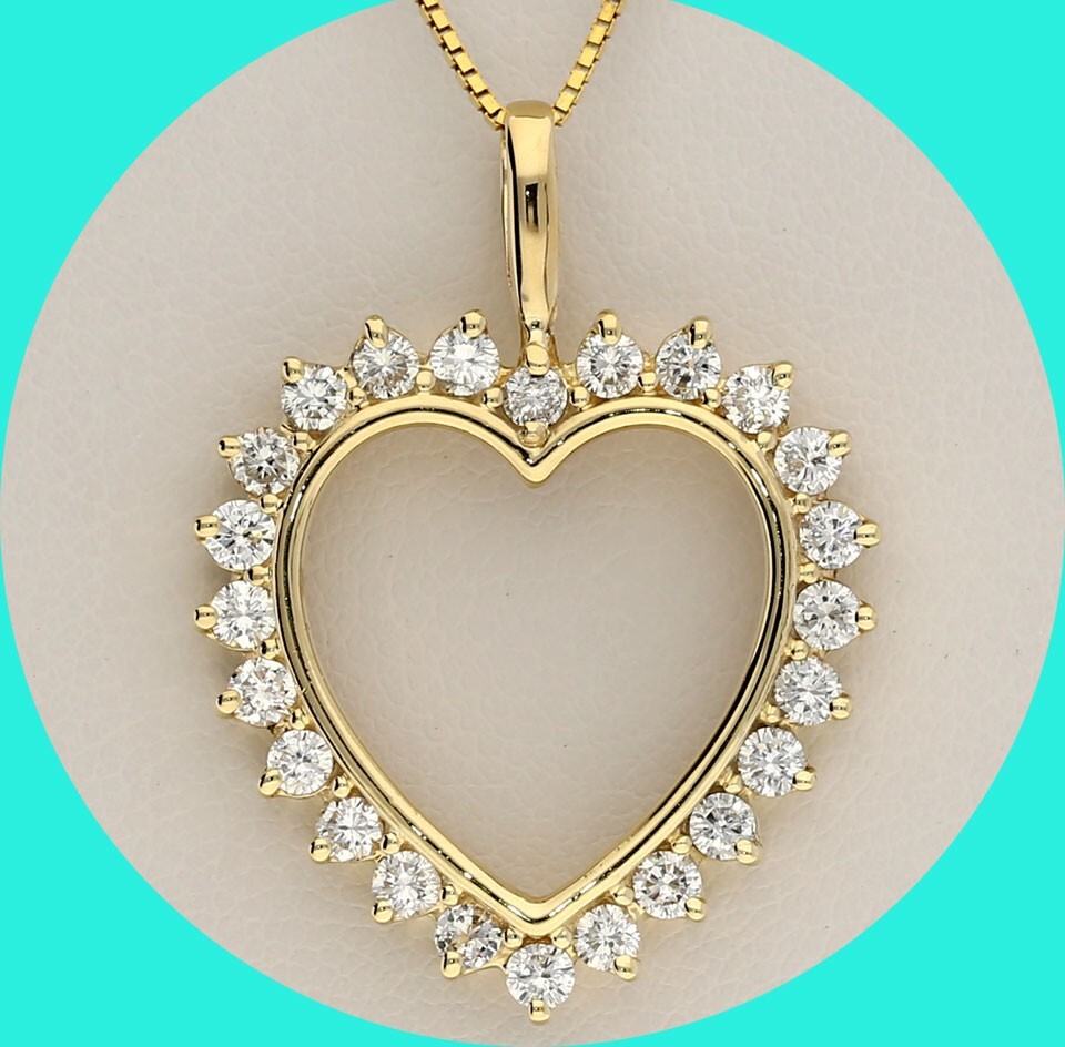 Large Diamond Heart Pendant Necklace .94CT G-H Color 14K YG 18” Chain