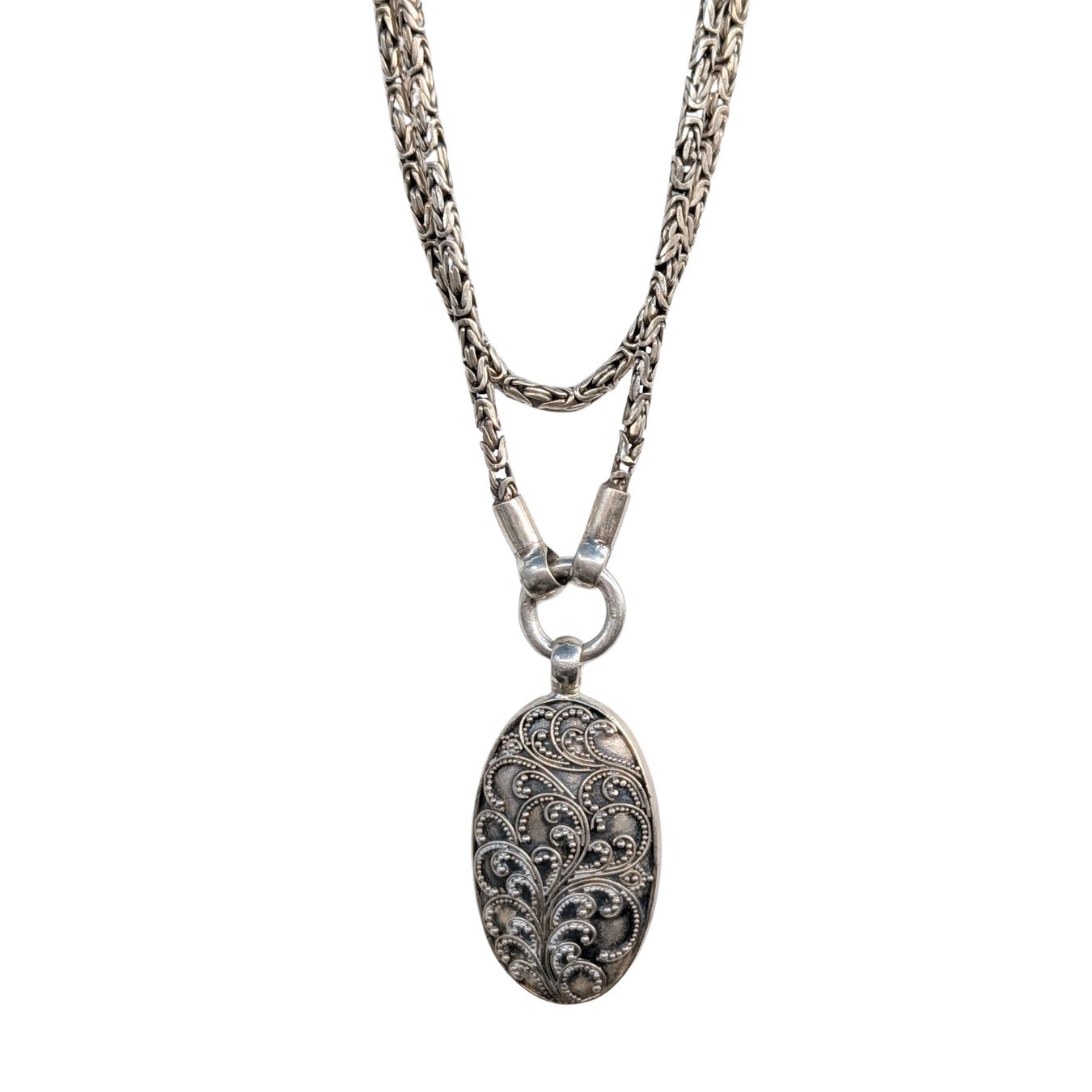 925 Sterling Silver Oval Filigree Pendant Necklace Vintage 17″ Double Chain