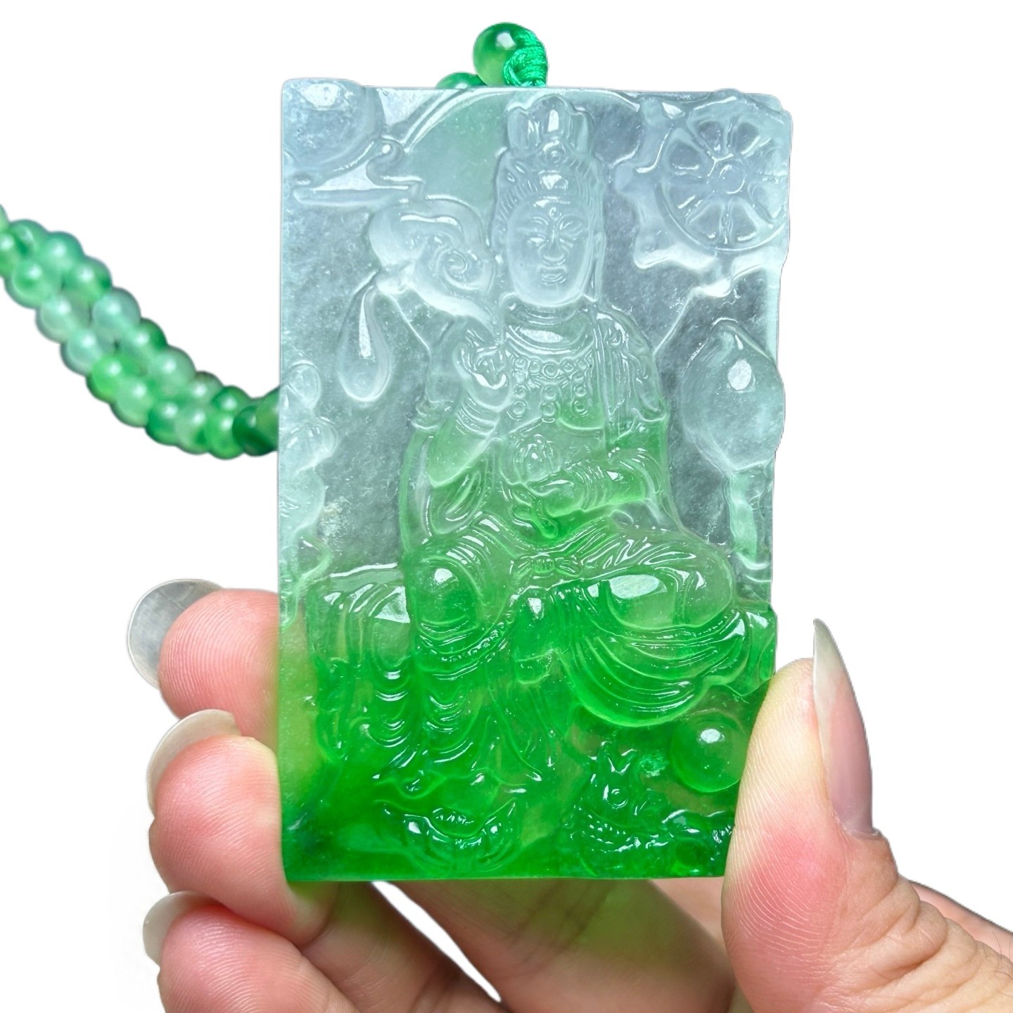 Certified Natural Ice Green Burmese Jadeite Carved Buddha Pendant Necklace