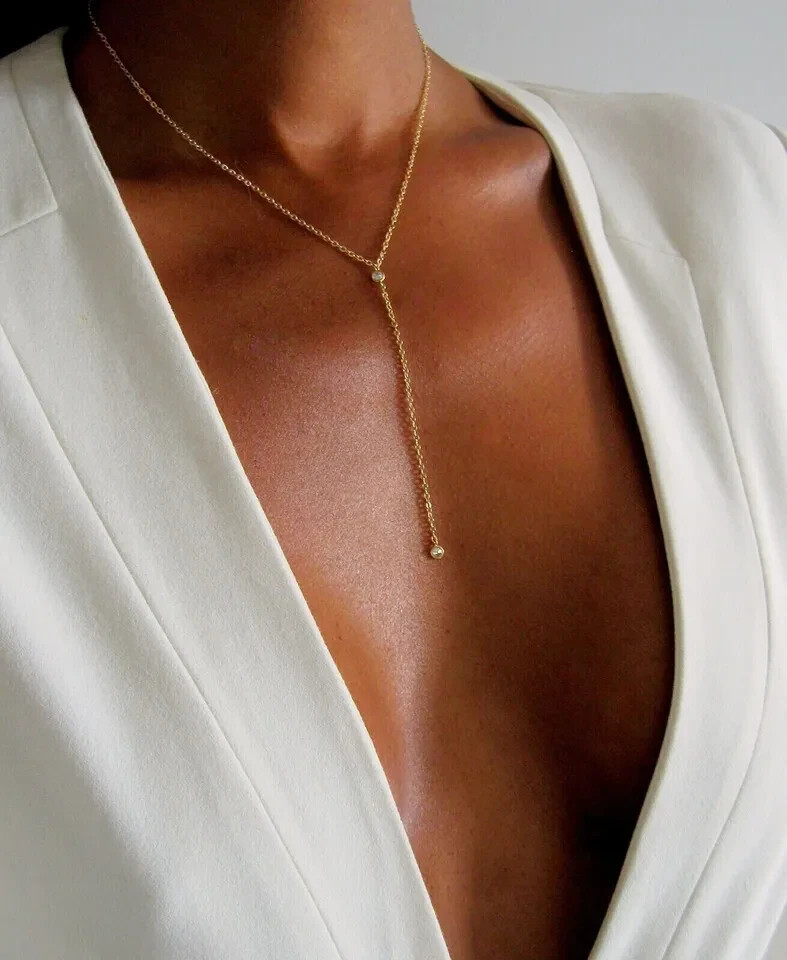 14K Yellow Gold Plated Real Moissanite Drop Lariat Necklace 18 Inch Adjustable
