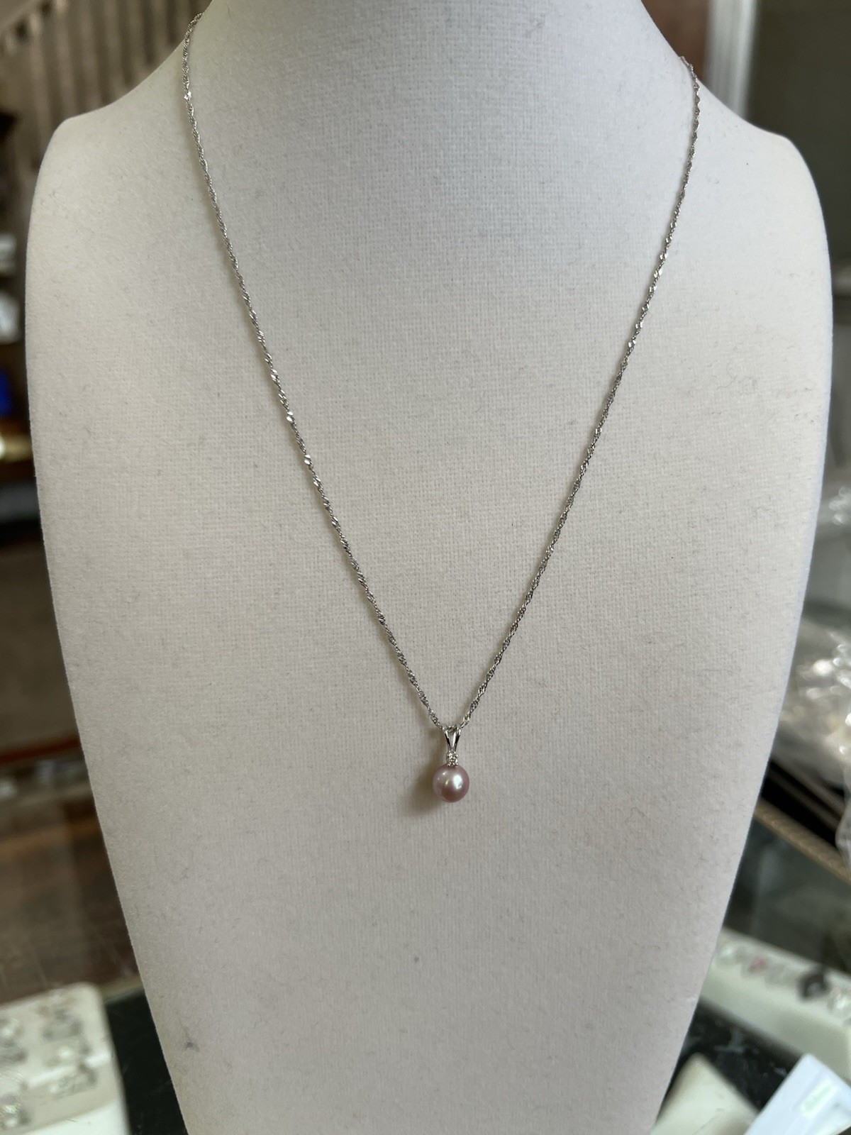 Pink Pearl & Diamond Necklace 18” 14k Chain 6.7 mm Pearl 2mm Round Diamond