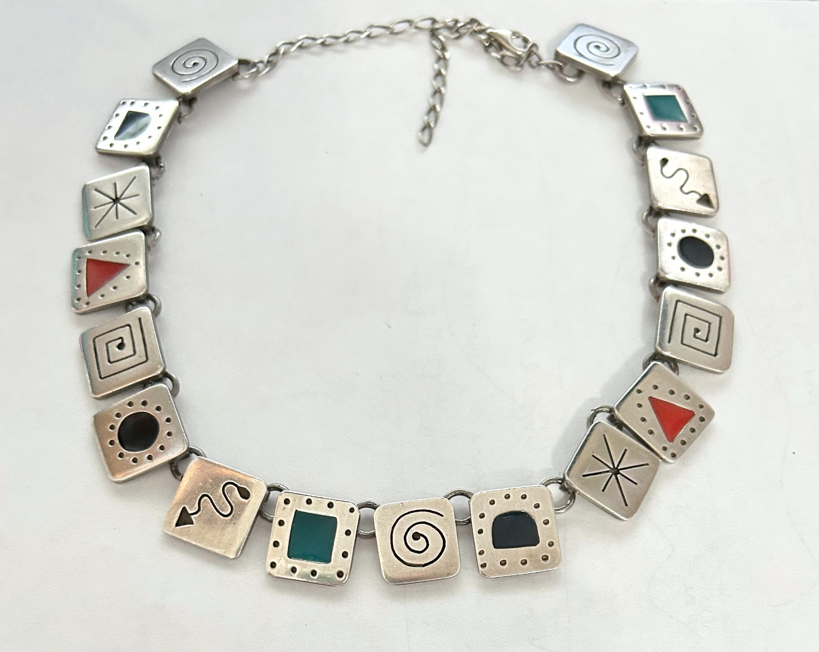 Vintage .925 Sterling Silver 64 Grams Tile Necklace Geometric Motifs & Stones