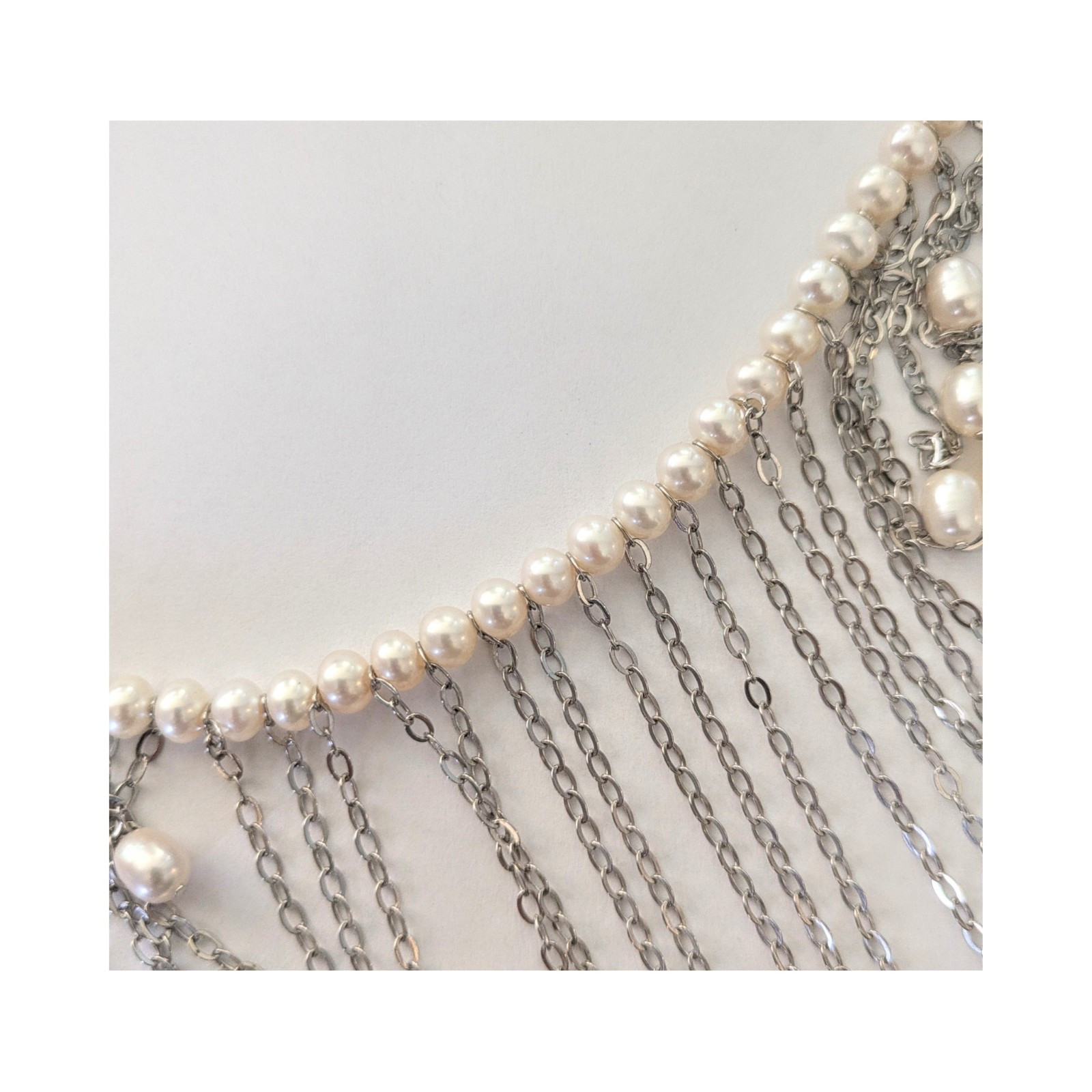Sterling Silver White Cultured Pearl Fringe Bib Dangle 925 Gemstone Necklace