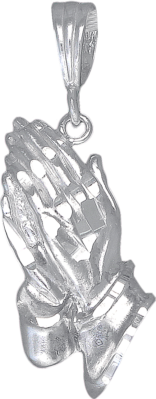 Sterling Silver Praying Hands Pendant Necklace Diamond Cut Finish. 18″ Chain