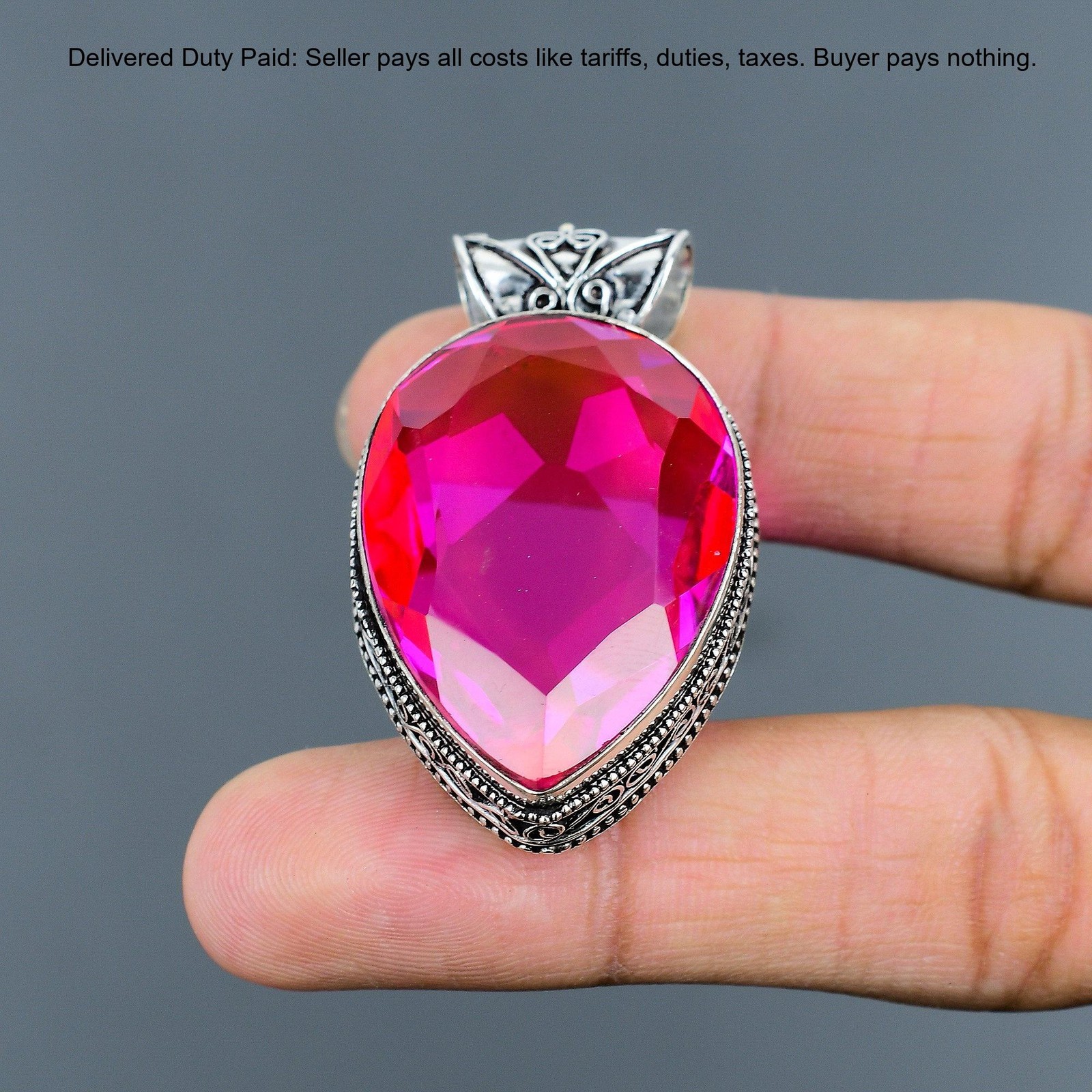 Pear Natural Pink Fire Topaz Bezel Birthday Vintage Wife Pendant Sterling Silver
