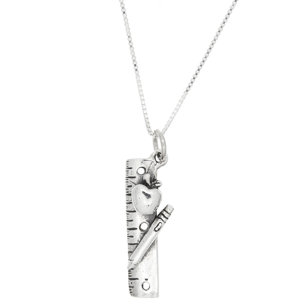 Sterling Silver School Tools Ruler Apple Pencil Charm Necklace -with Options