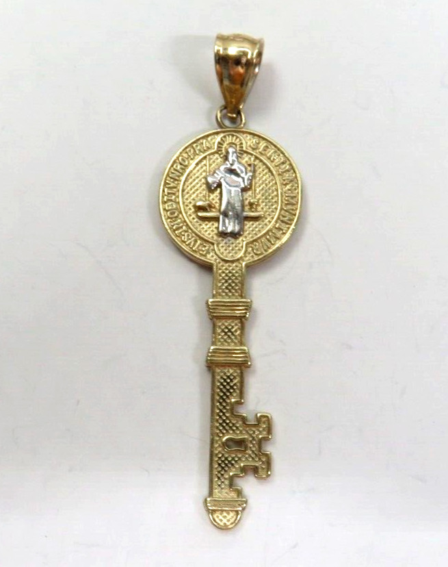 St BENEDICT 14K Yellow & White Gold Religious Key Pendant Charm