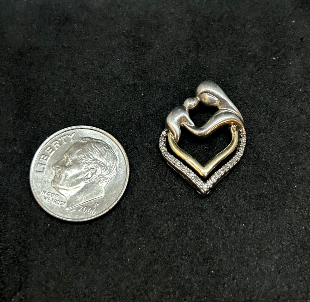 925 Sterling Silver 14k Gold Diamond Mother Child Heart Pendant 0.75in – 2.1g