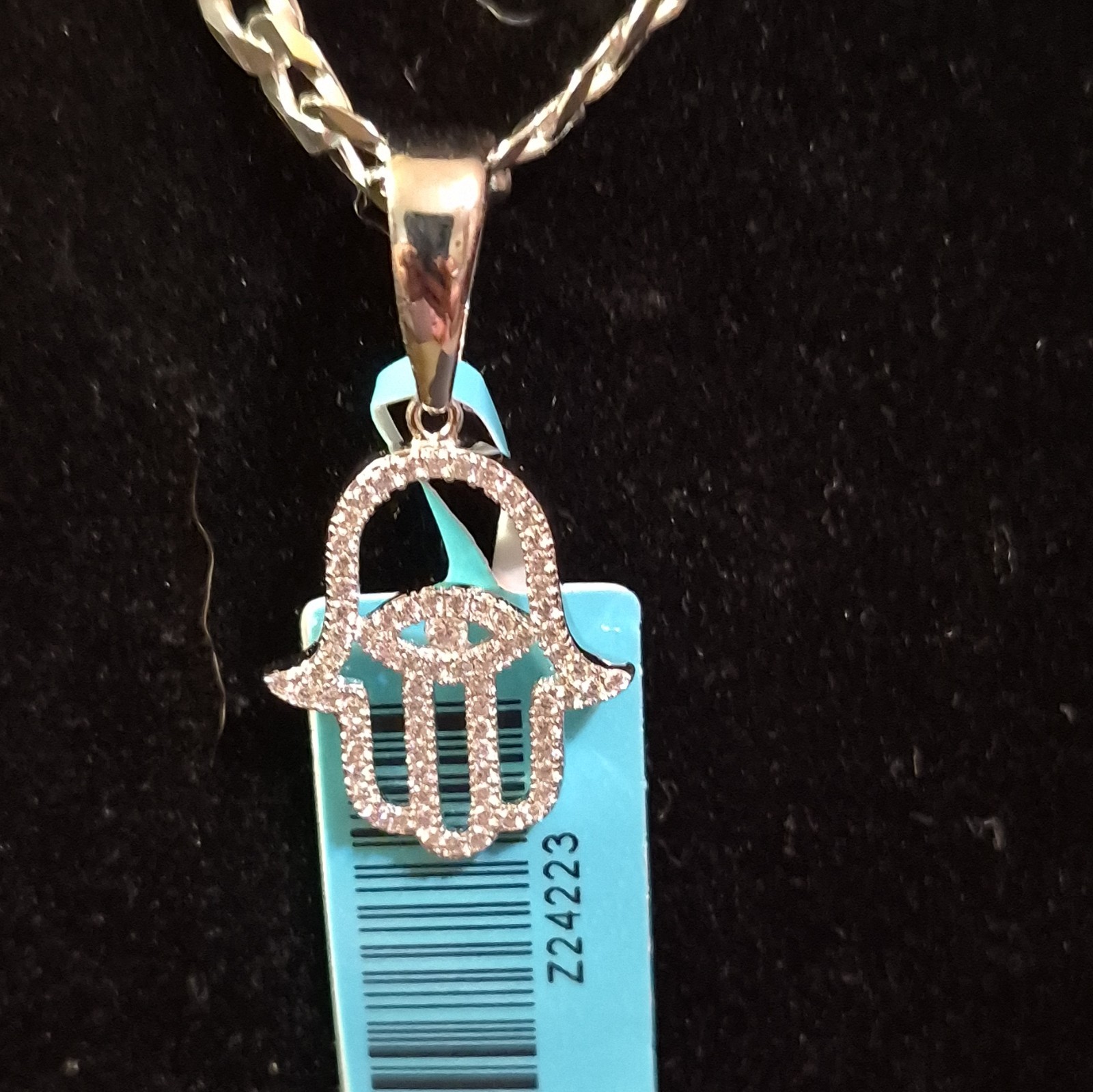 925 Sterling Silver Moissanite Hamsa Hand Pendant & Cuban Link Necklace 20″